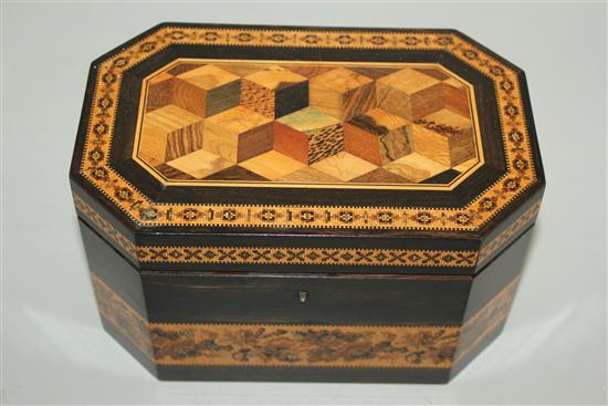 A Victorian Tunbridge ware and ebony tea caddy, by Thomas Barton, 7.75in.